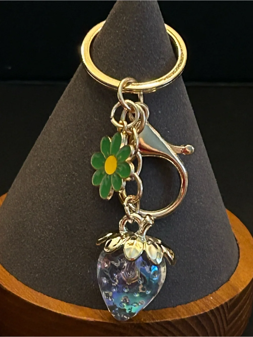 Gold-Tone & Iridescent Strawberry 🍓 & Color Enamel Flower Bag Charm Keychain NWT